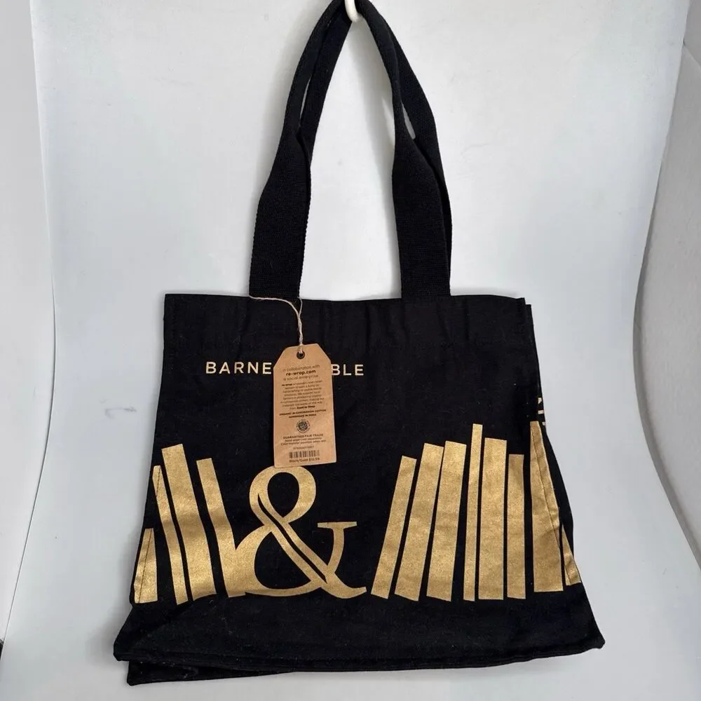 Barnes & Noble Black & Gold Tote Bag Organic Cotton Reusable NEW 15